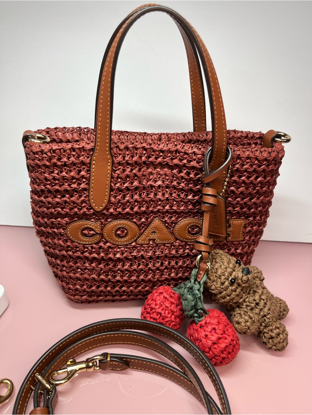 NWT Coach City Mini Tote Bag With Charms in straw & Leather Gold/Russet CEU30